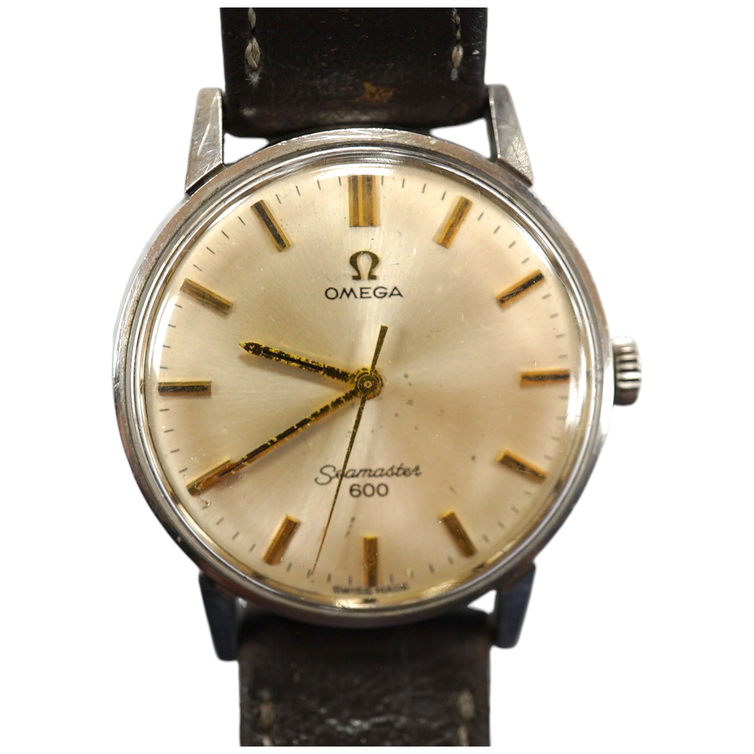 A gentleman's 1960's? stainless steel Omega Seamaster 600 manual wind wrist watch, with baton numerals, case diameter 34mm, on associated leather strap. Condition - poor to fair